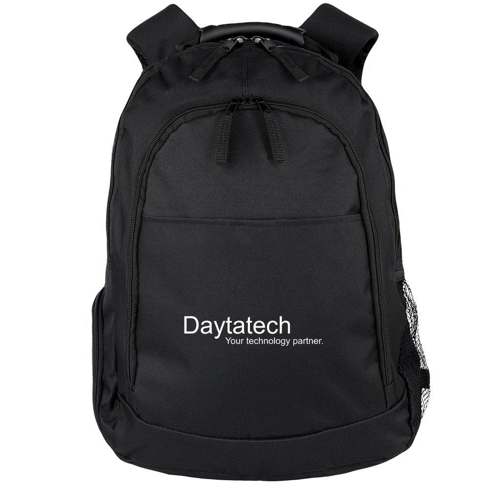 A black laptop backpack with our logo